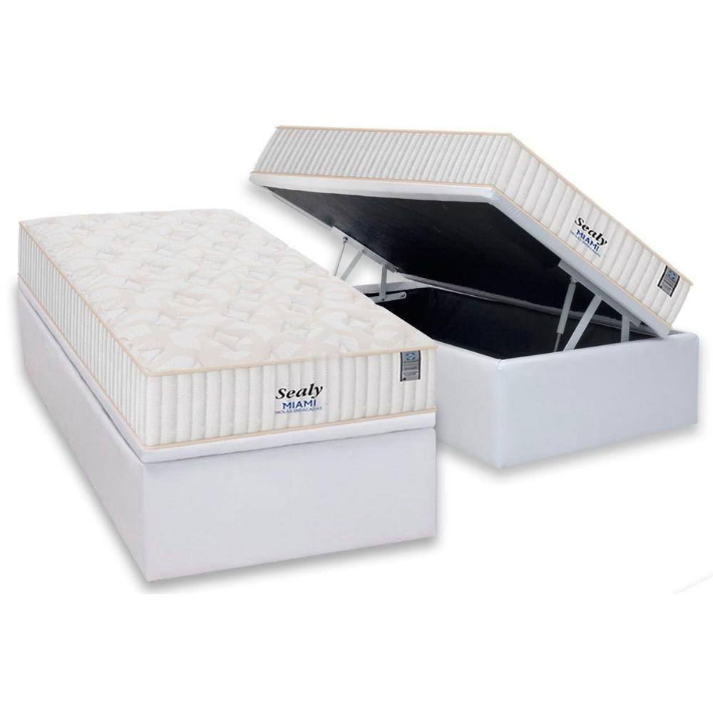 Cama Box Baú Solteiro: Colchão Molas MasterPocket Ensacadas Sealy Miami + Base CRC Courano White(88x188)