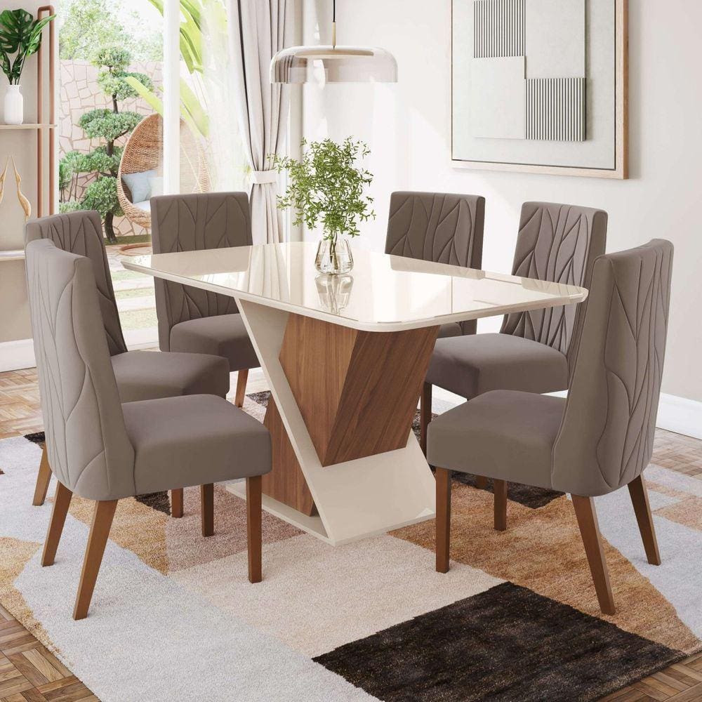 Conjunto Sala Jantar Letícia Mesa 160 Cm Canto Arredondado com Vidro 6 Cadeiras Espresso Móveis Marrom/Off White/Marrom Amêndoa