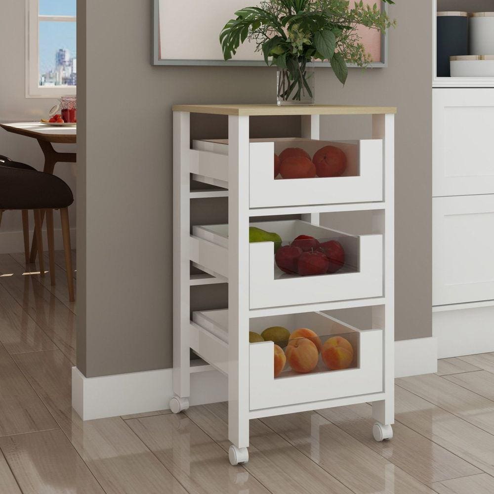 Armário Fruteira 3 Cestos com Detalhes em Vidro e Rodizios Branco/Savana