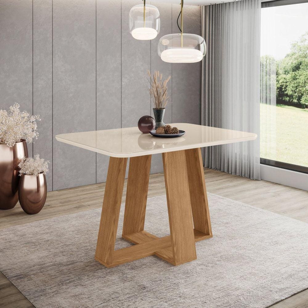 Mesa de Jantar 4 Lugares 120cm Tampo Mdf e Vidro Canto Arredondado Lins Marrom/Off White