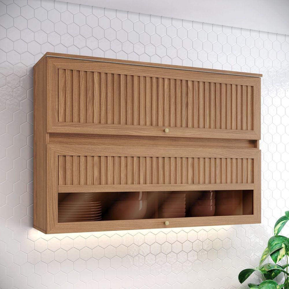 Armário Aéreo 2 Portas Basculante 120cm Ripado com Vidro Yasmin Espresso Móveis Marrom