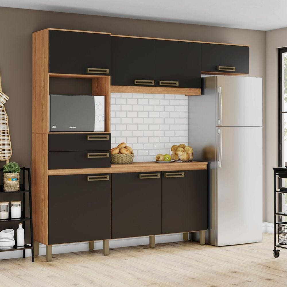 Cozinha Compacta 1 Balcão com Tampo 1 Armário Alto e 1 Armário Aéreo 2 Gavetas 7 Portas Marrom / Preto HP