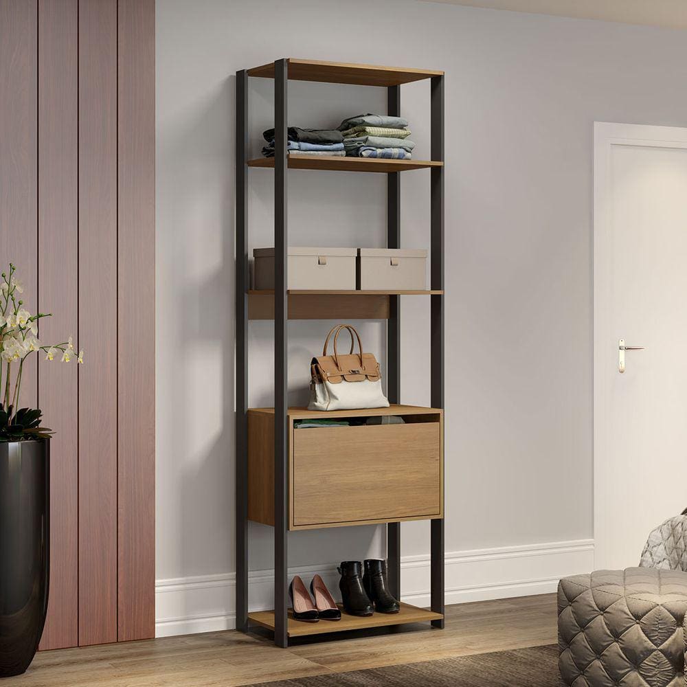 Estante Modulada Multiuso com Porta Basculante Closet Aberto 70x220cm MDP Carvalho