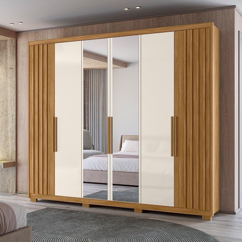 Guarda Roupa Roupeiro 06 Portas 04 Gavetas c/Espelho Araguaia Freijó Ripado Off White Flex Moval