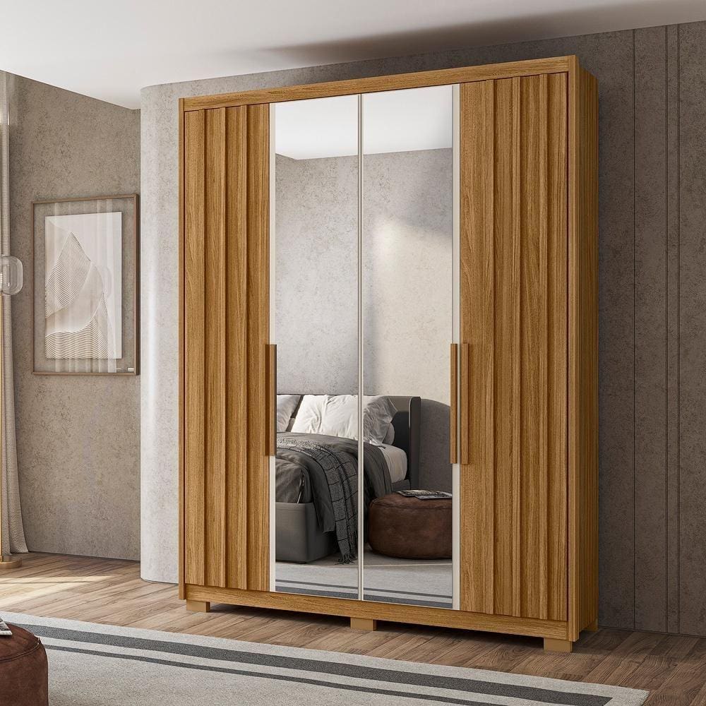 Guarda Roupa Roupeiro 04 Portas 03 Gavetas c/Espelho Califórnia Freijó Ripado Off White Moval