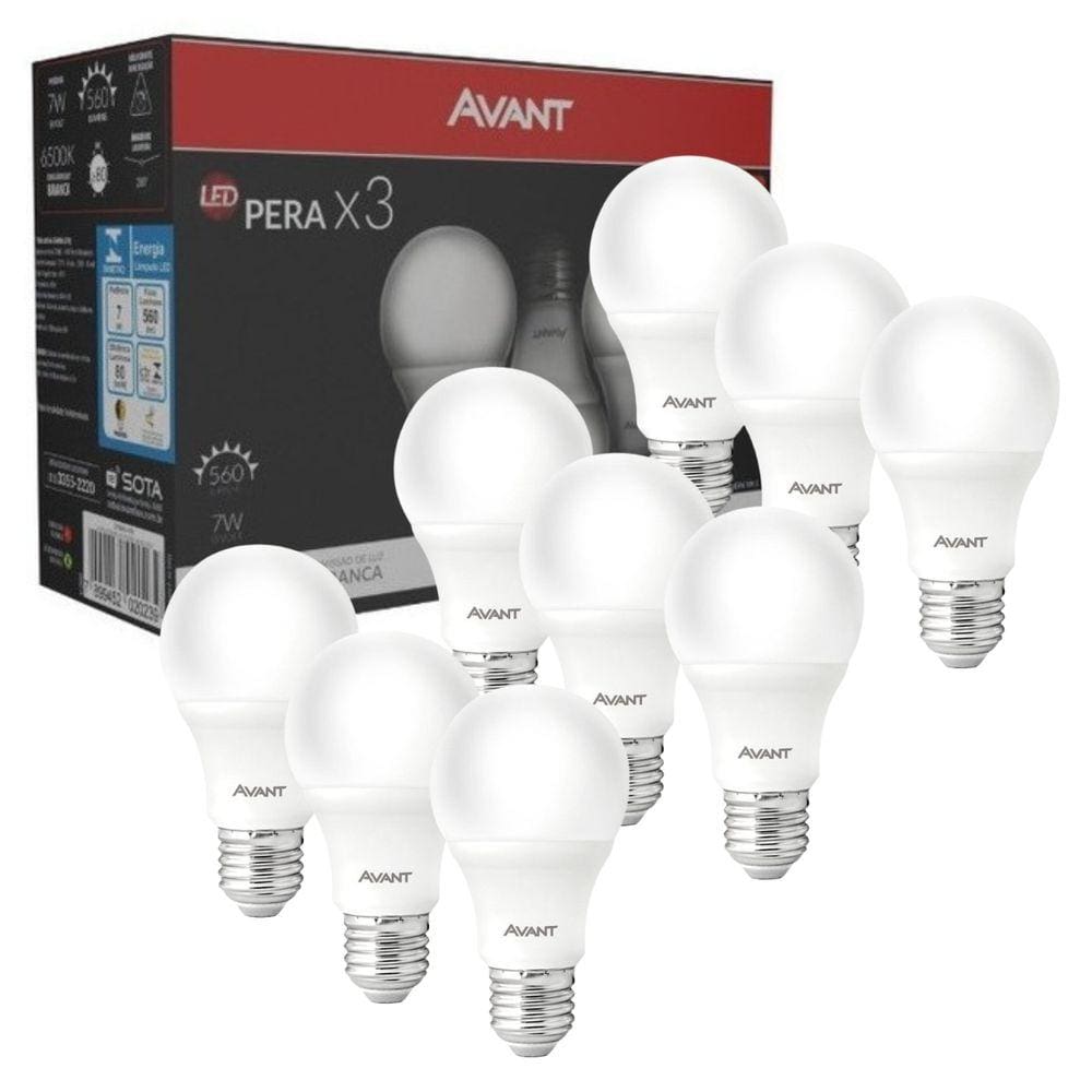 Kit 9 Lâmpadas Led Pera E27 7W 6500K Avant Bivolt - Branca