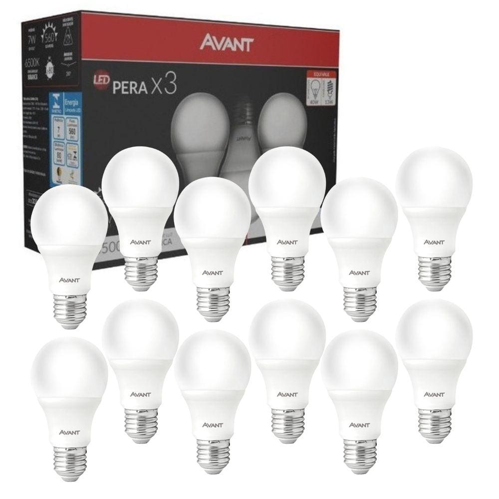 Kit 12 Lâmpadas Led Pera E27 7W 6500K Avant Bivolt - Branca