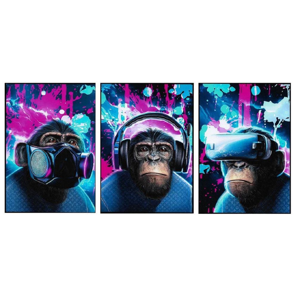 Quadros Decorativos Macacos 3 Unidades Sem Moldura
