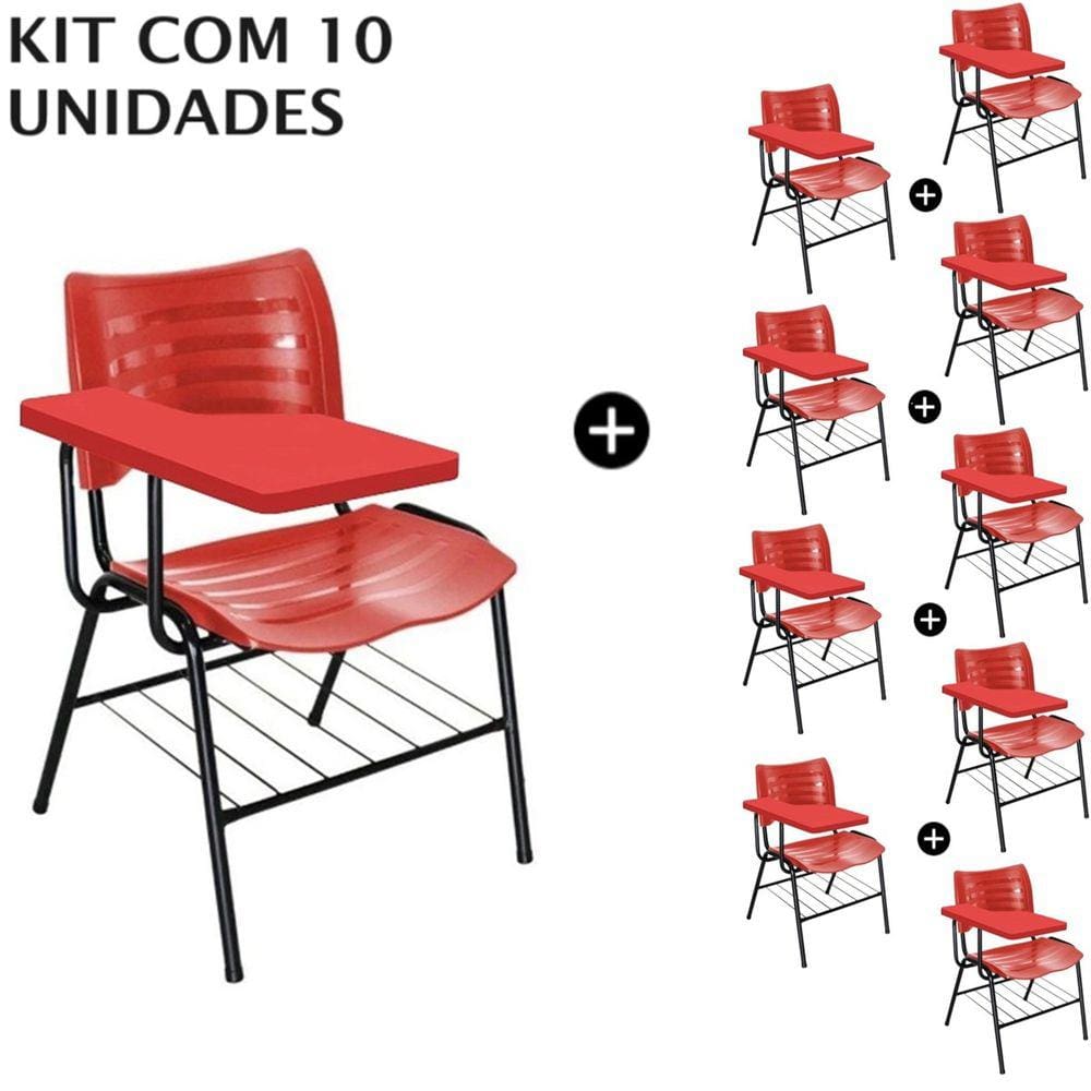 KIT 10 Cadeiras Universitárias Vermelho com porta livros Prancheta Plástica