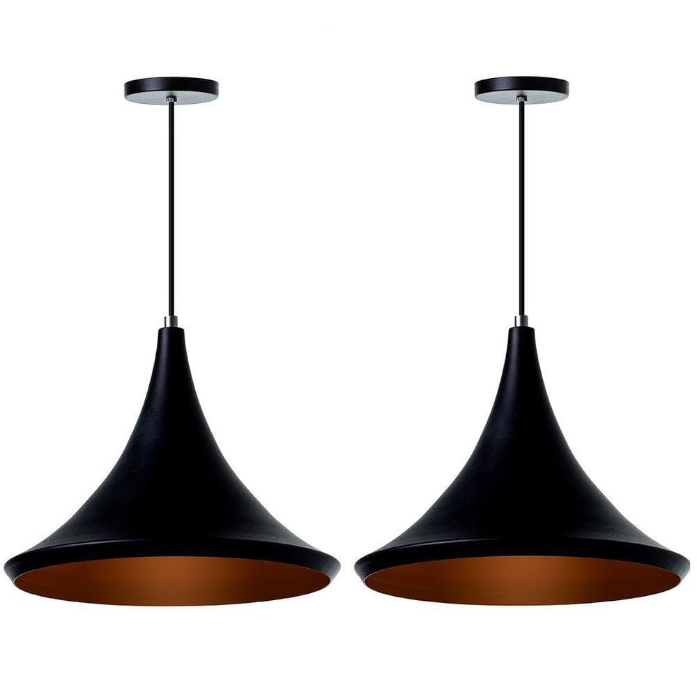 Kit 2 Lustre Pendente Chapéu Chinês 33Cm Preto Alumínio