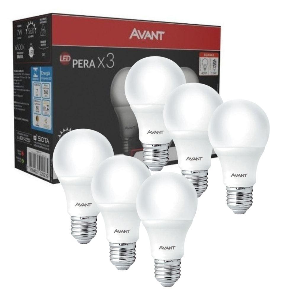 Kit 6 Lâmpadas Led Pera E27 7W 6500K Avant Bivolt - Branca