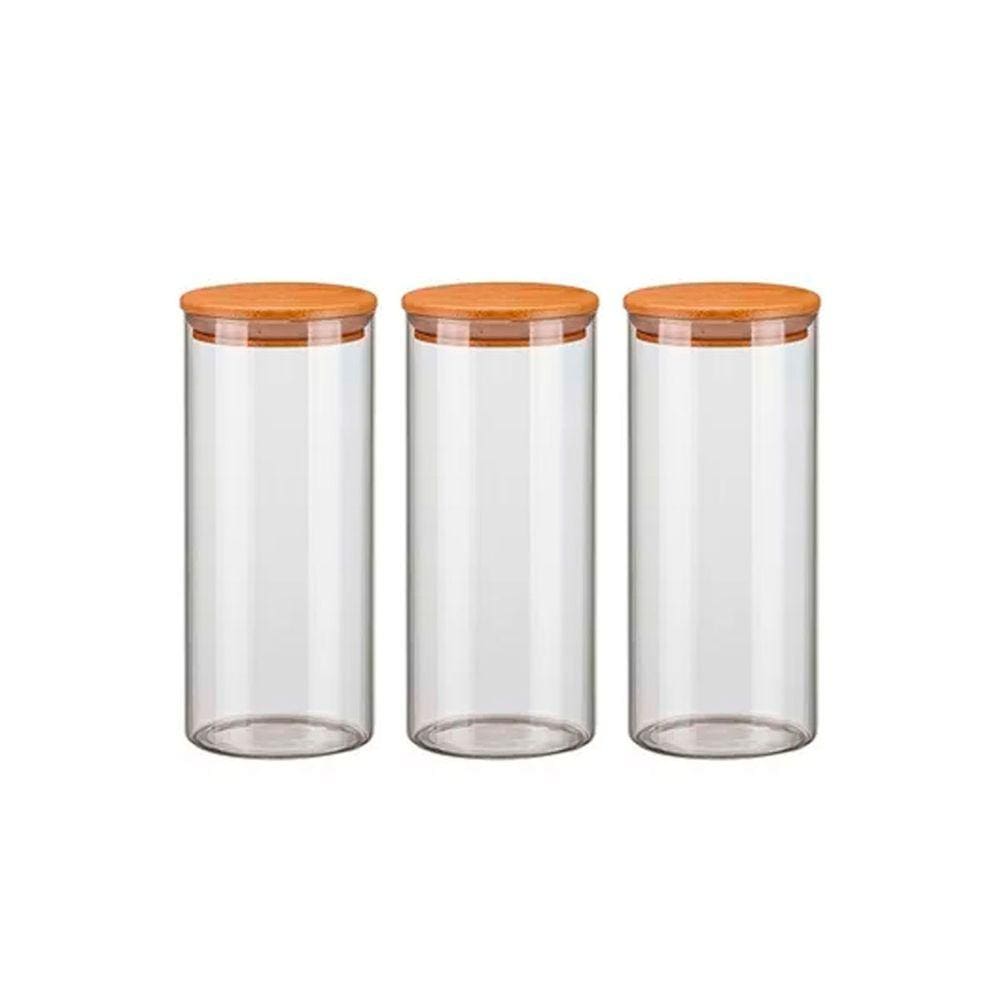 Kit 3 Potes de Vidro 1500ml Hermético Com Tampa de Madeira Bambu Porta Condimentos