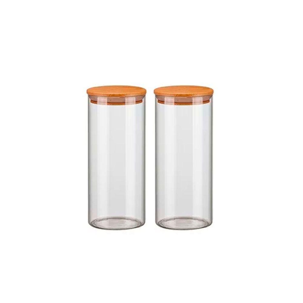 Kit 2 Potes de Vidro Hermético 1500ml Com Tampa de Madeira Bambu Porta Condimentos Linha Luxo