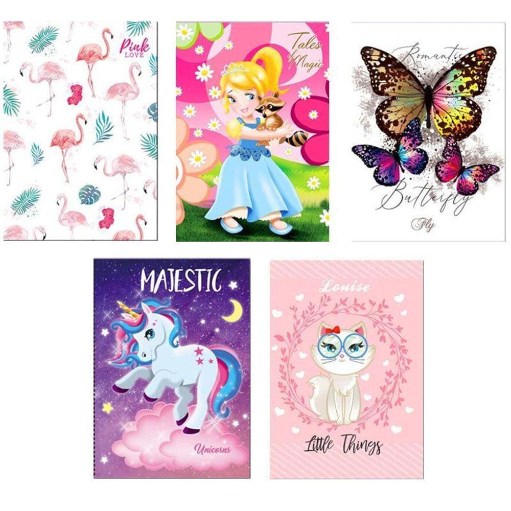 Kit 5 Caderno Diferente 96 Folhas Costurado Menina Capa Dura