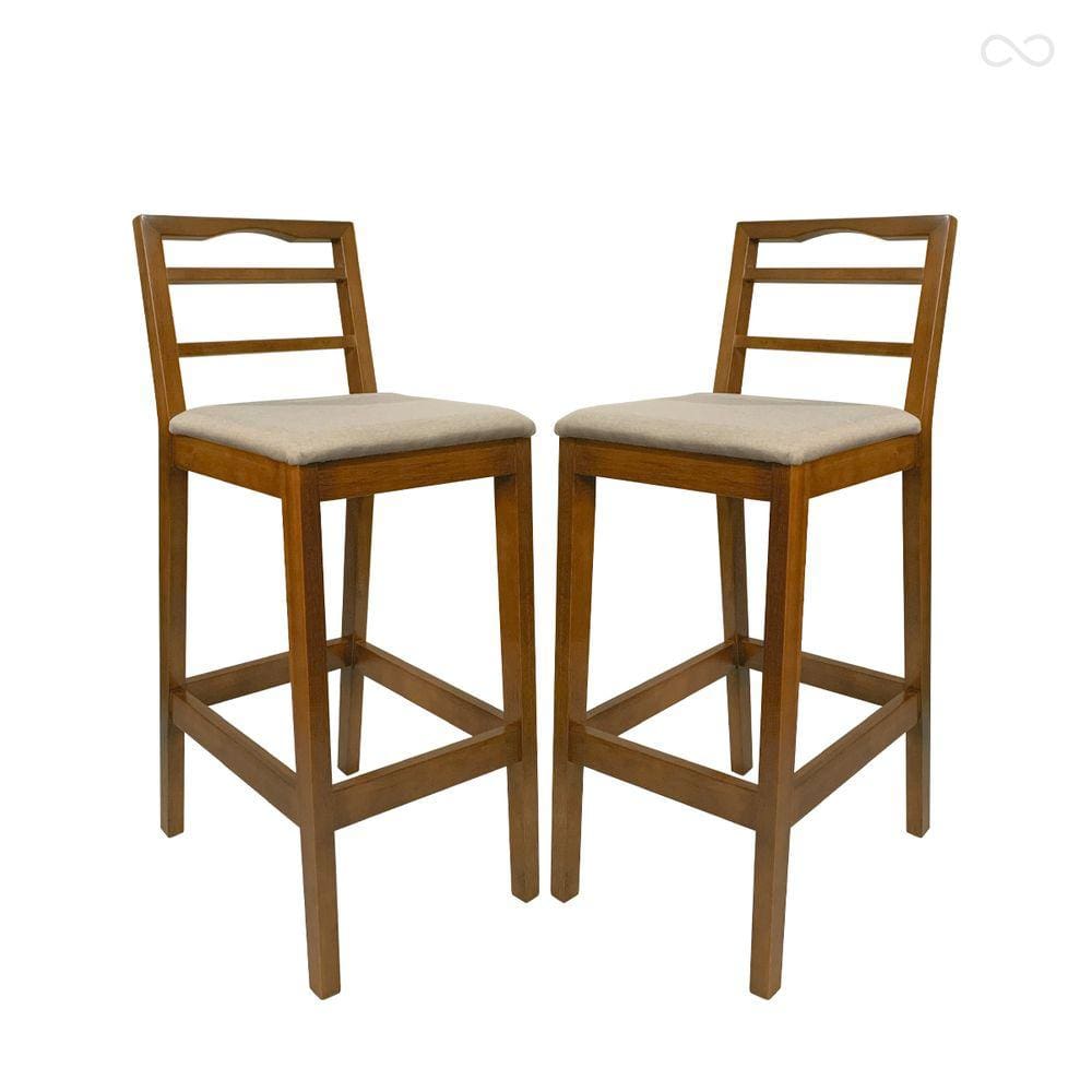 Kit 2 Banquetas para Bancada Alta em Madeira Grécia Amêndoa Linho Bege CCS