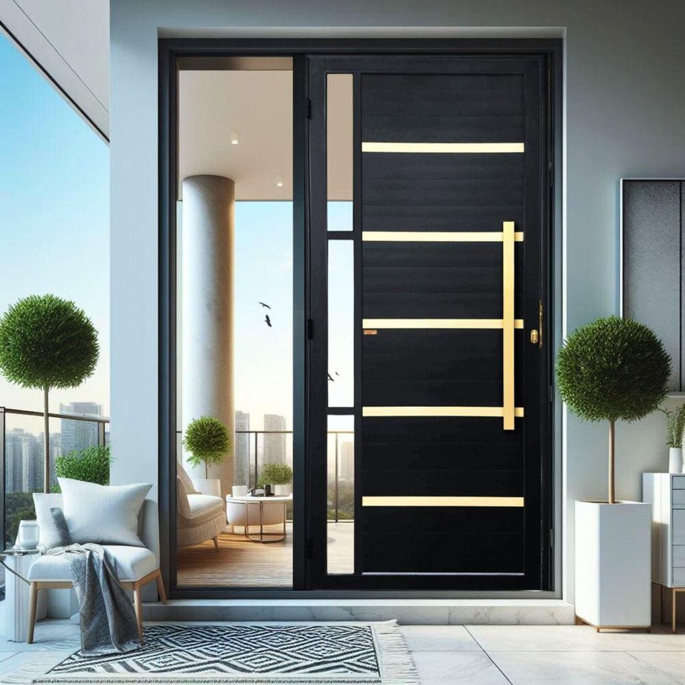 Porta de Aluminio Pivotante Lambril 210x100cm com Puxador Super Miraggio Brimak Preto Dourado