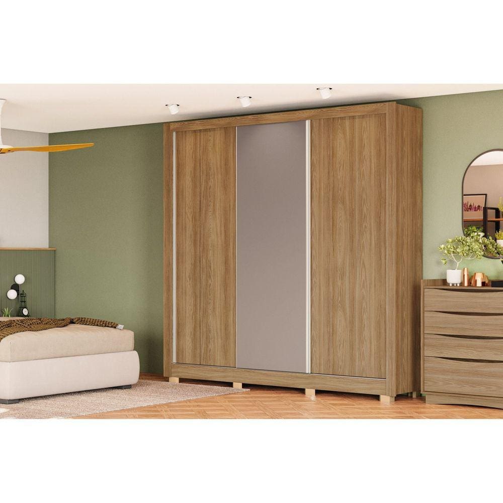 Guarda-roupa 3 Portas de Correr e 2 Gavetas com Pés Nogueira/Cinza
