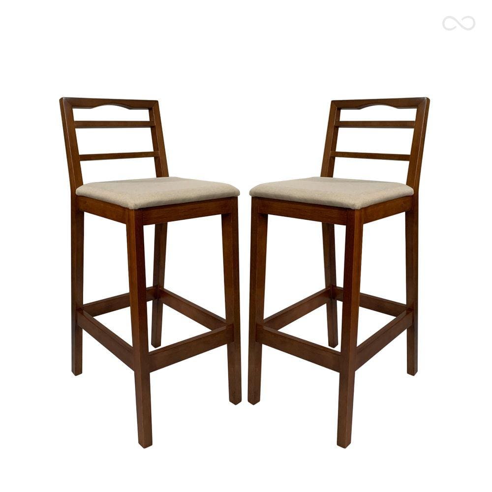 Kit 2 Banquetas para Bancada Alta Estofada Grécia em Madeira Castanho Linho Bege CCS