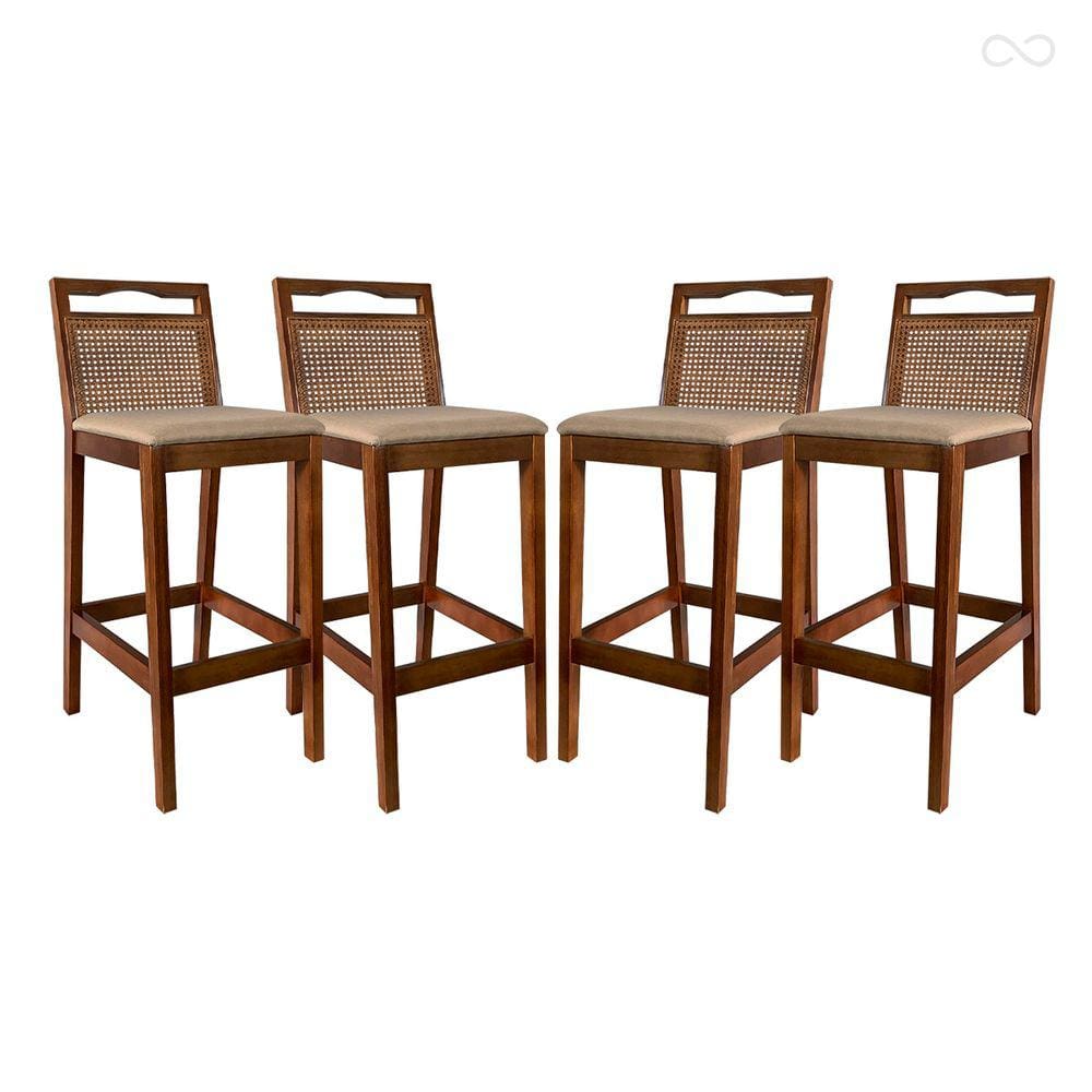 Kit 4 Banquetas Alta para Balcão em Madeira Valência Rattan Castanho Linho Bege CCS