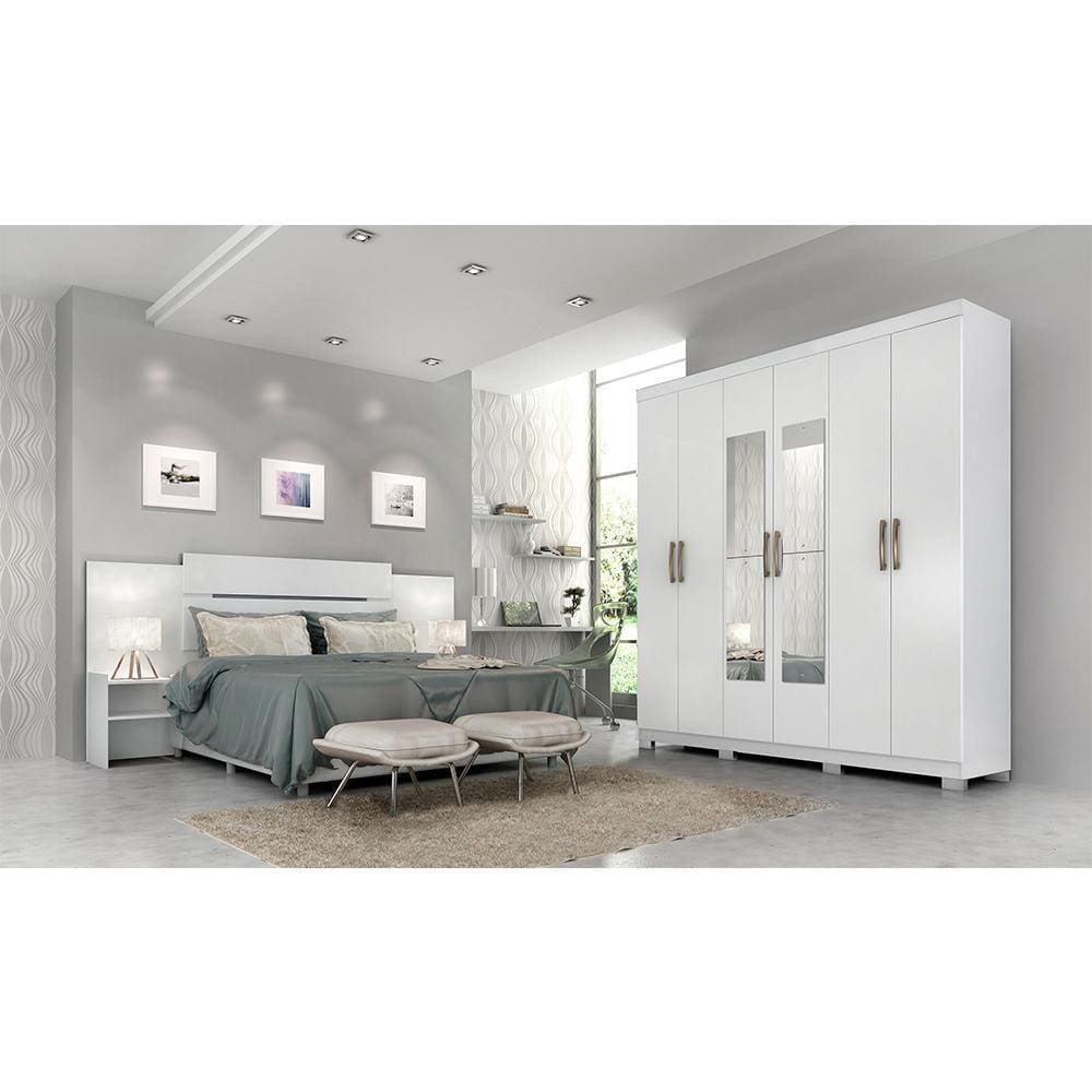 Quarto De Casal Com Guarda Roupas Com Espelho Clara E Cabeceira Extensível Mila Panan Branco