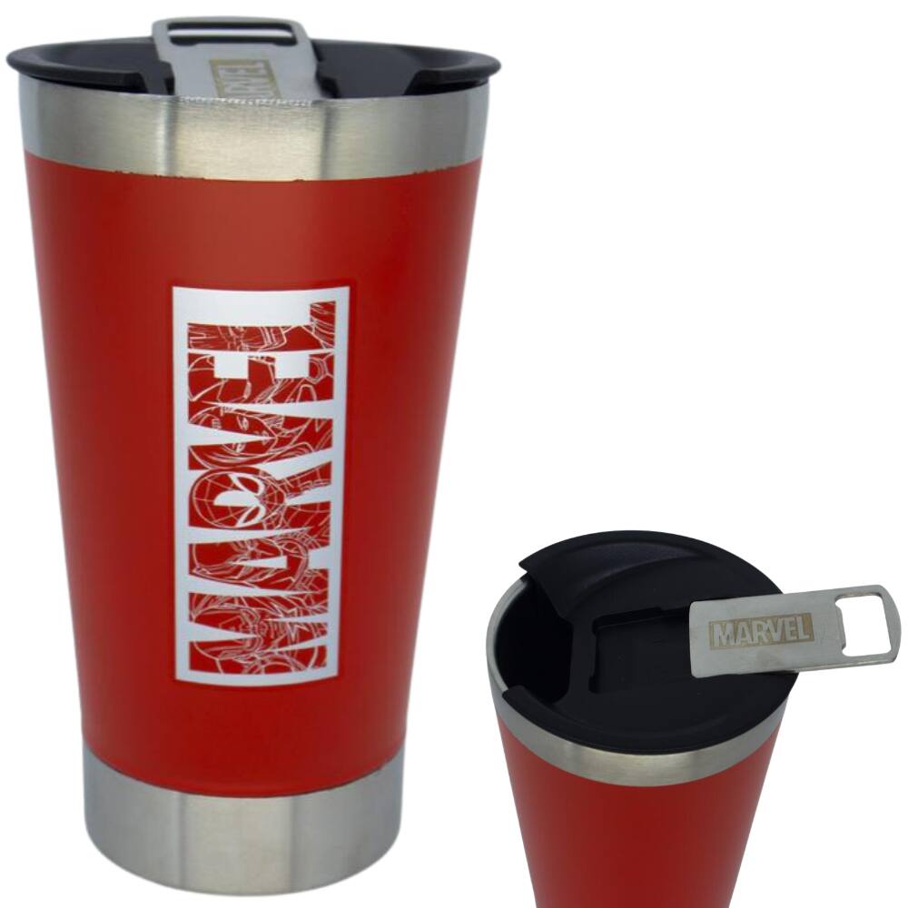 Copo Térmico Logo Marvel Gelado E Quente 500ml Vermelho Com Tampa E Abridor De Garrafas Oficial Disney
