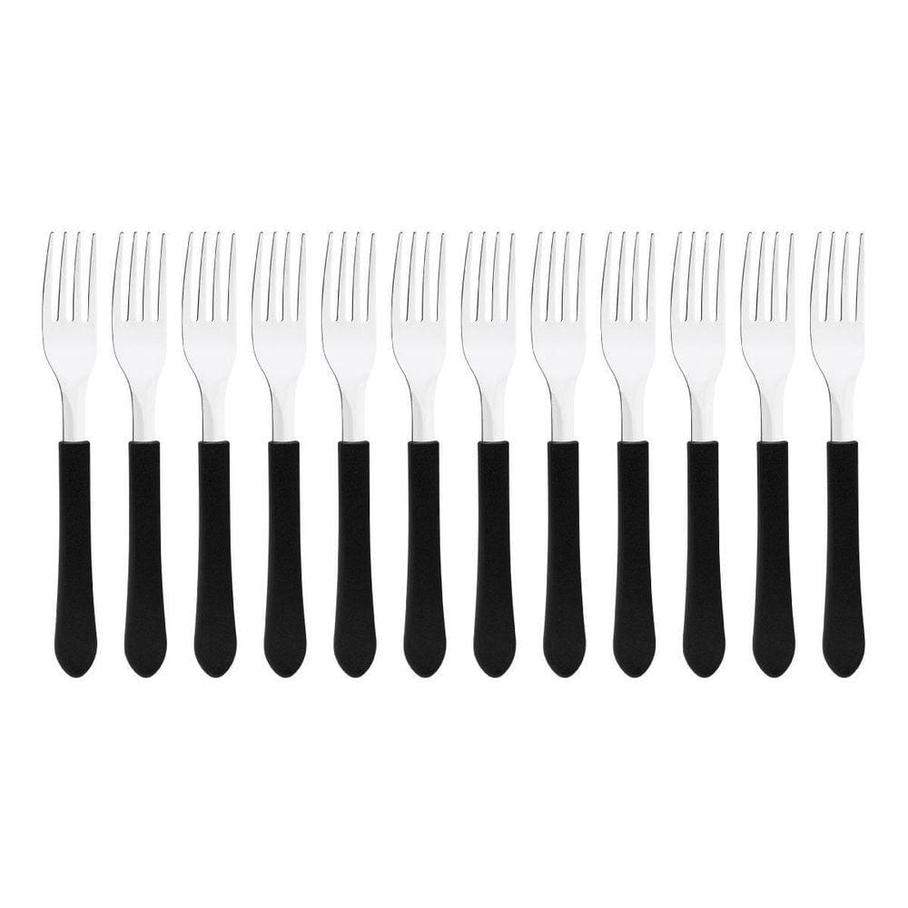 Kit 12 Garfo De Mesa Tramontina Leme Inox Cabo Preto