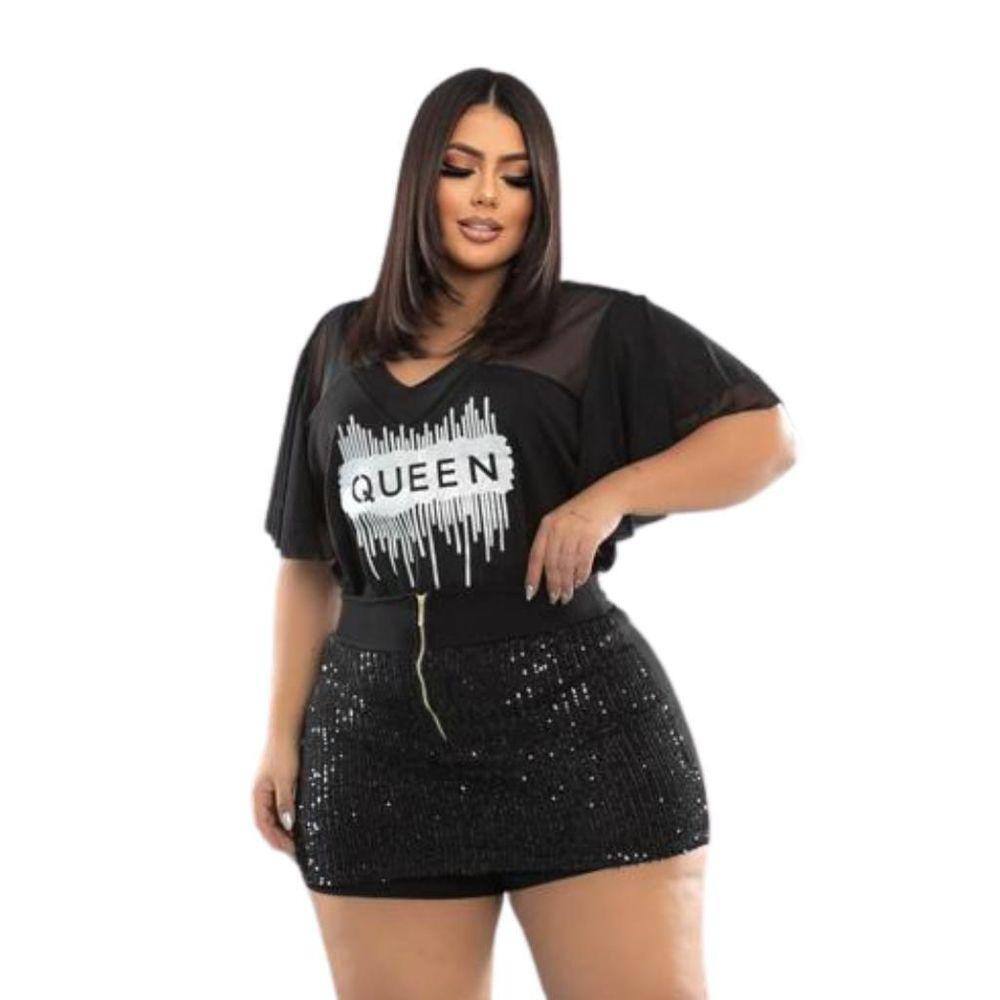 Conjunto Plus Size Shorts Saia Paetê + Blusa Queen Tule 0464