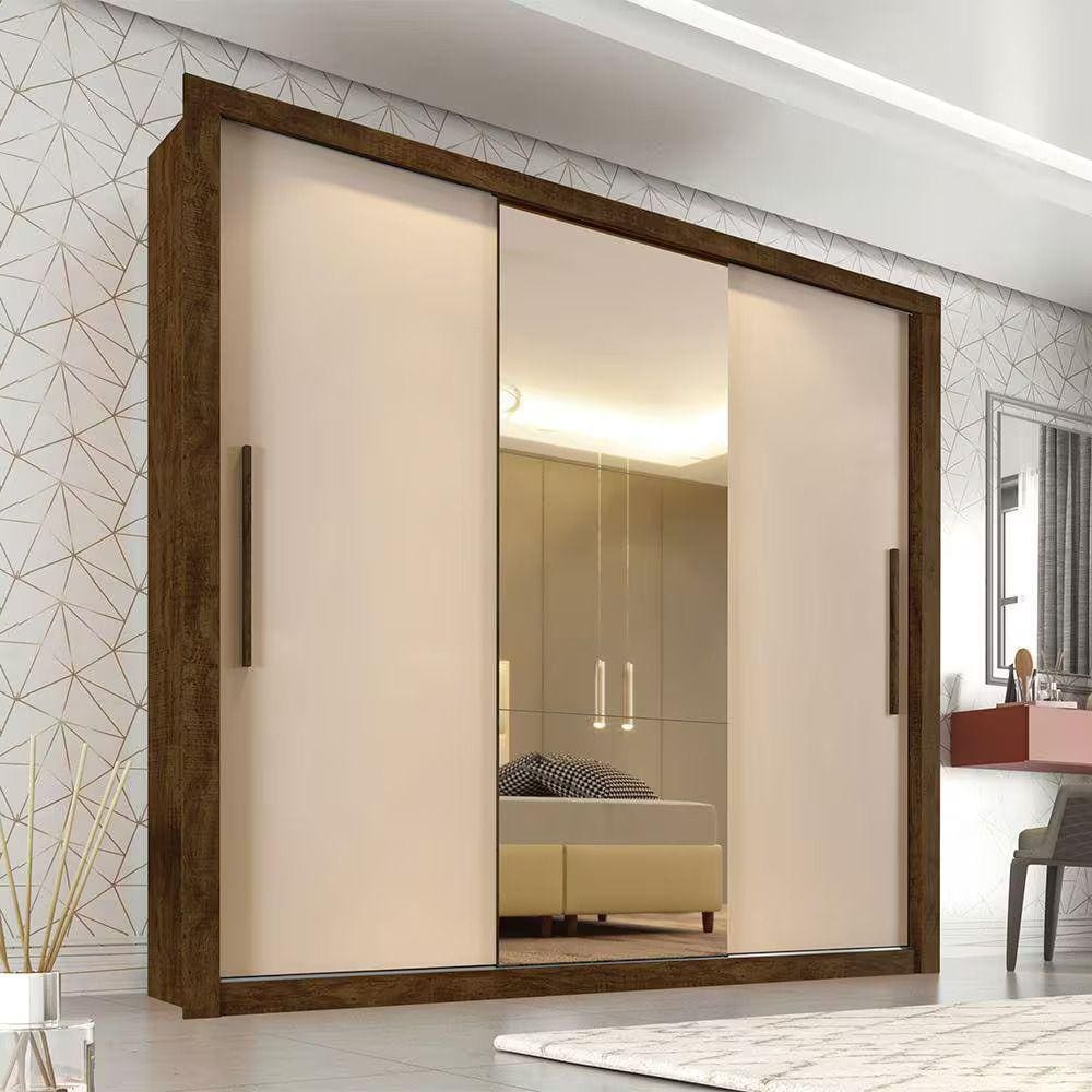 Guarda Roupa Casal 3 Portas e 4 Gavetas com Espelho Central Panamá - Sallêto - Ipê/Off