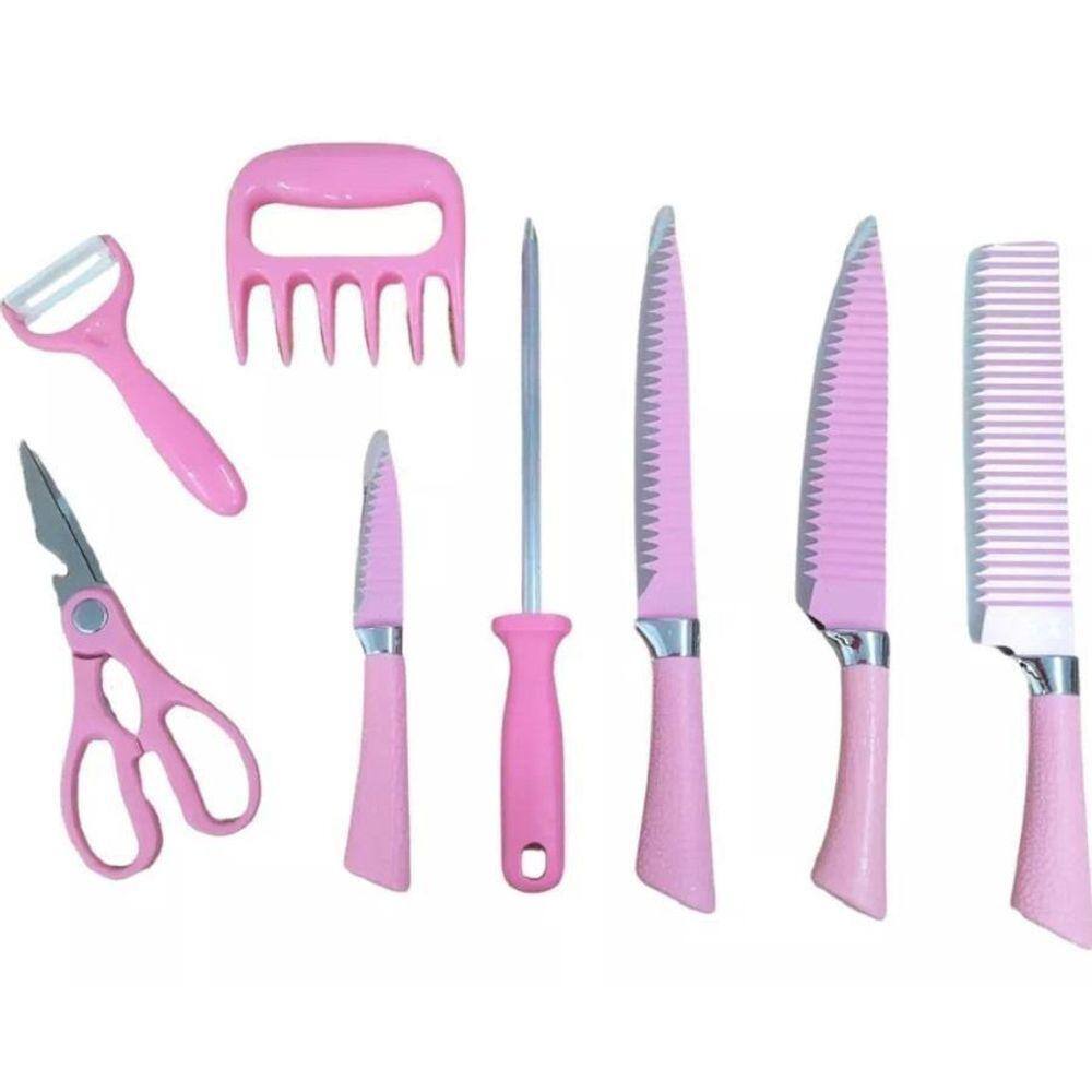 Kit De 8 Peças Churrasco Profissional Antiaderente Cor Rosa