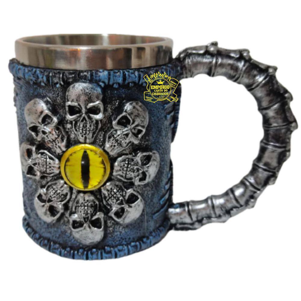 Caneca Viking Medieval Caveiras Resinada Inox Skull 400Ml