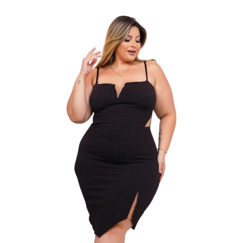 Vestido Plus Size Midi Alcinha Decote Tule Fenda c Tule 0466