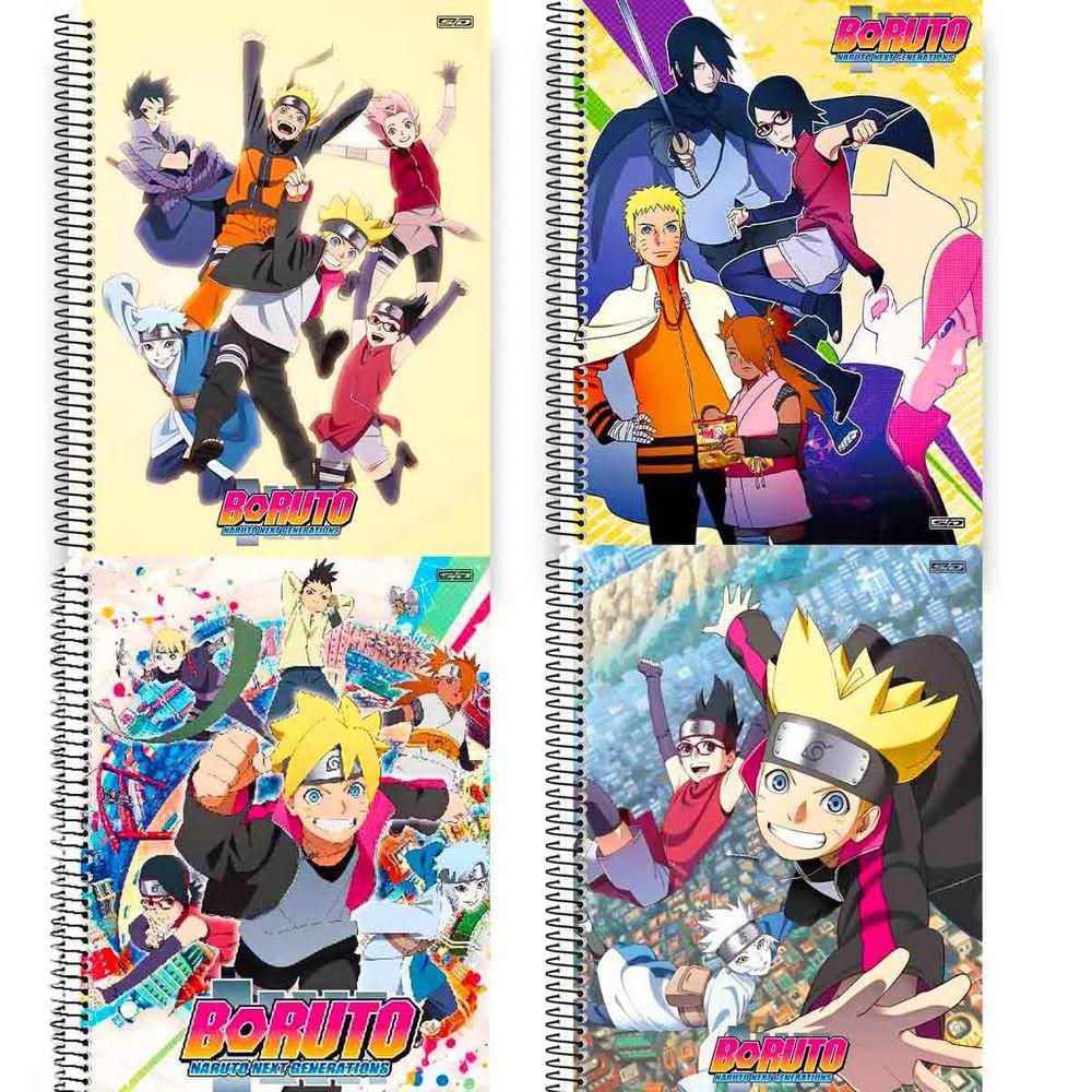 Kit 4 Caderno Boruto Grande Adesivo Pauta Arame Capa Dura