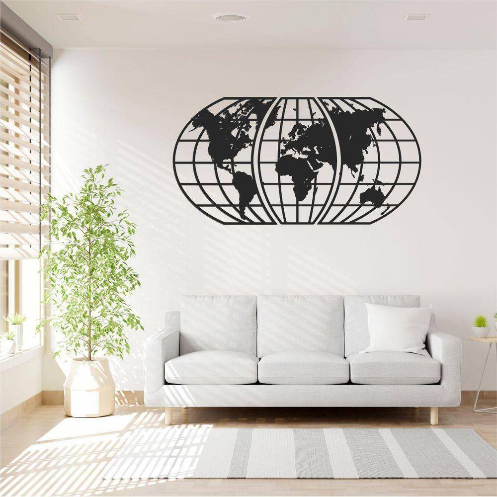 Quadro Decoração Vazado Mapa Mundi World Triplo Preto 100X51