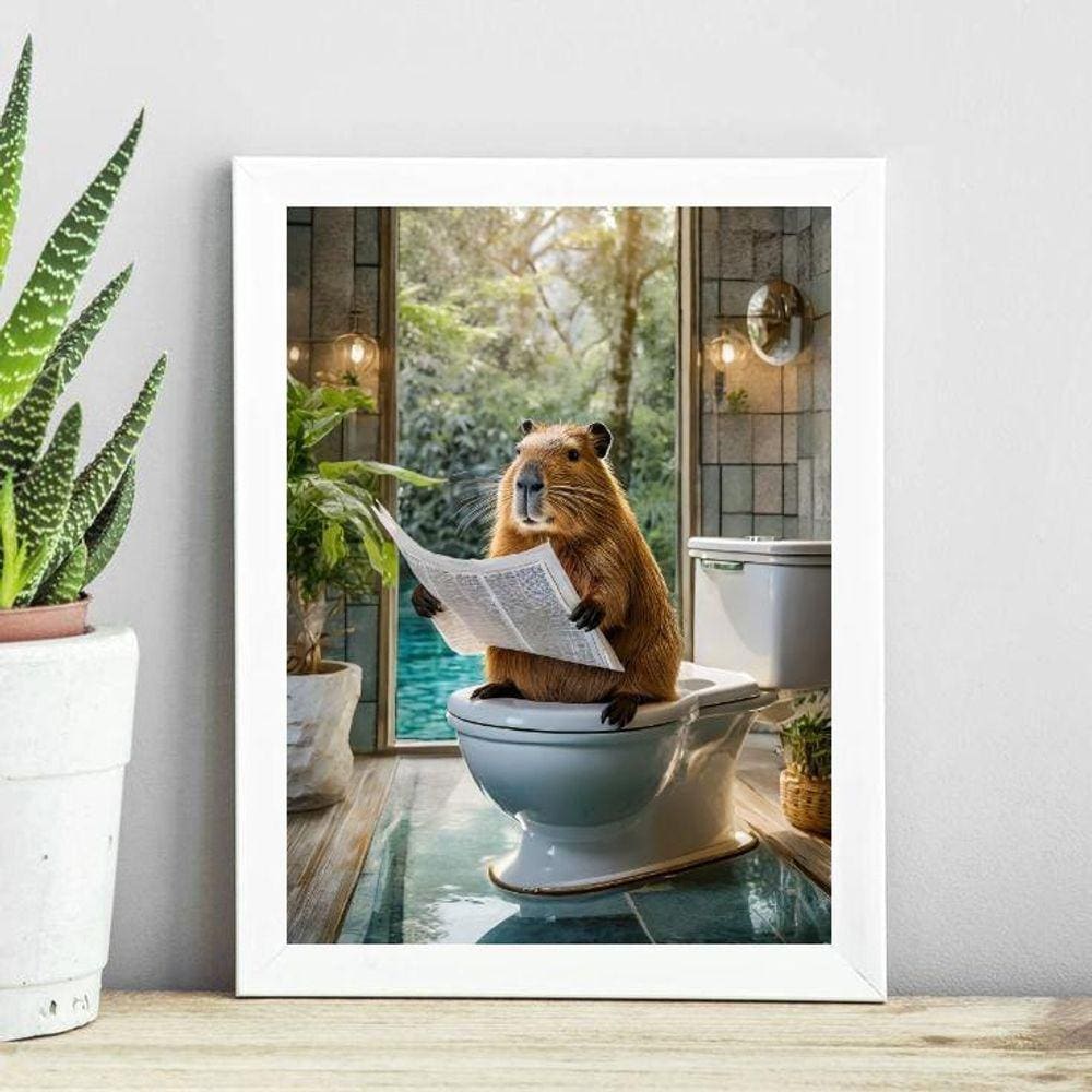 Quadro Capivara No Banheiro Lendo Jornal 45X34Cm