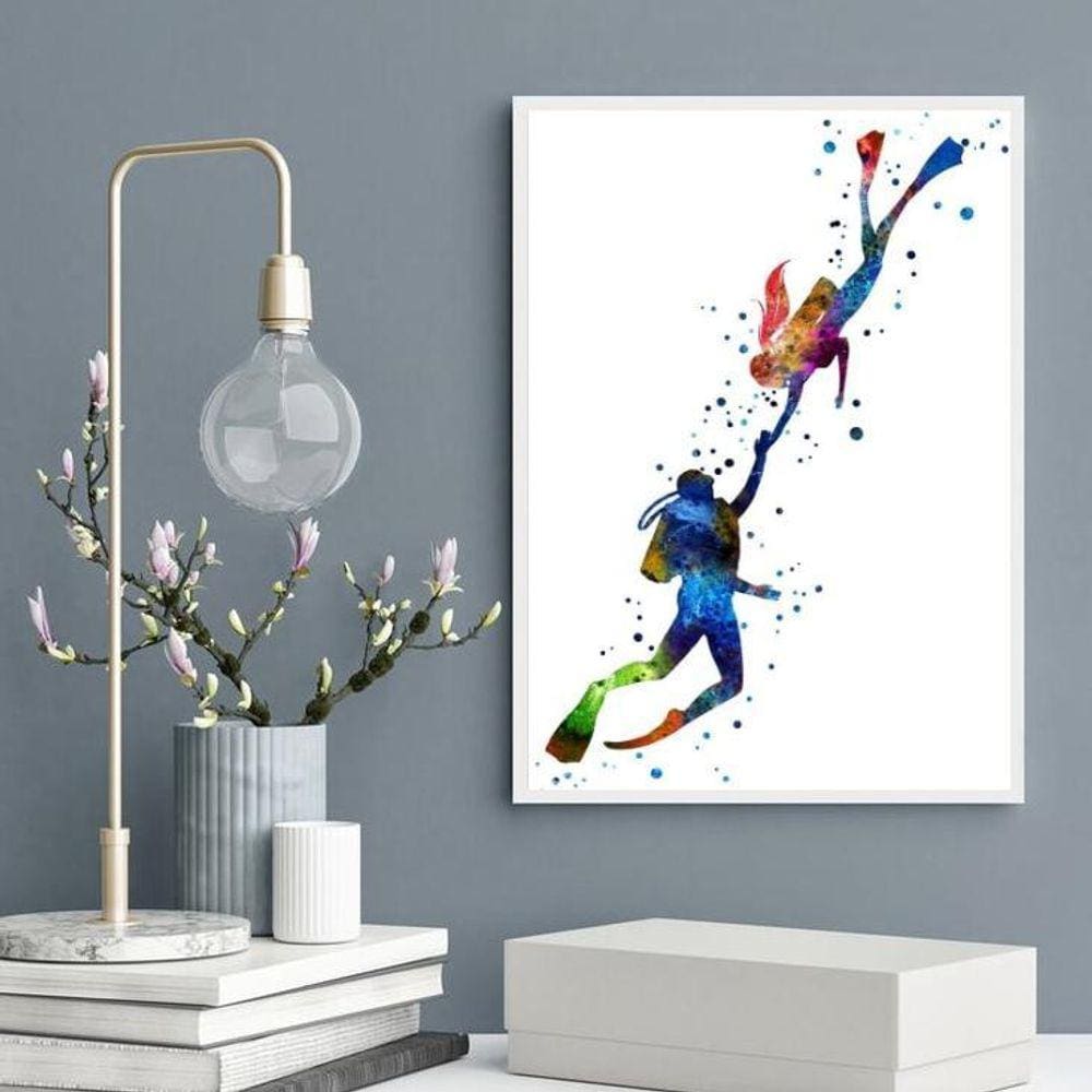 Quadro Casal De Mergulhadores - Aquarela 45X34Cm - Com Vidro