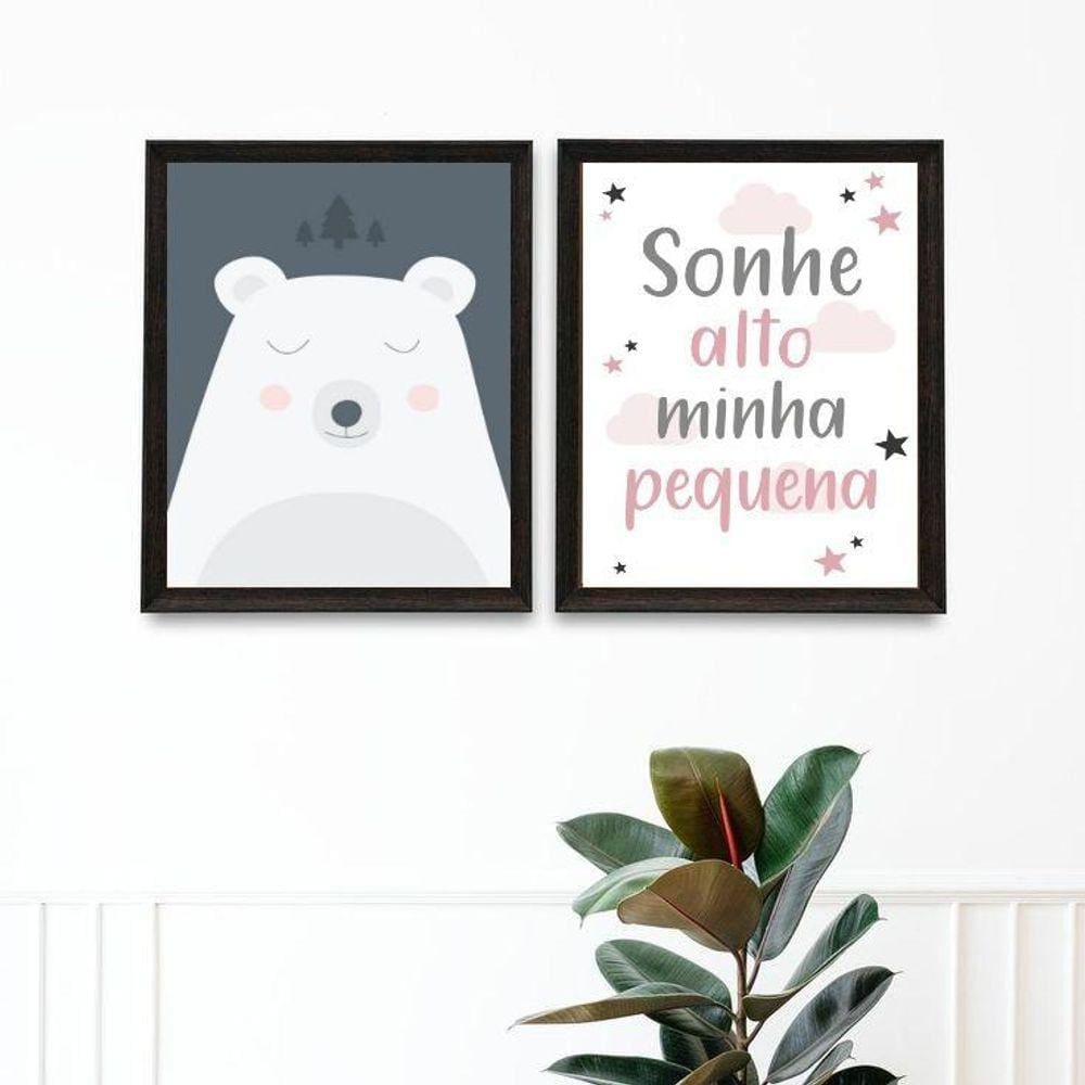 Kit 2 Quadros Quarto Bebê Urso Rosa E Cinza 24X18Cm - Com Vidro