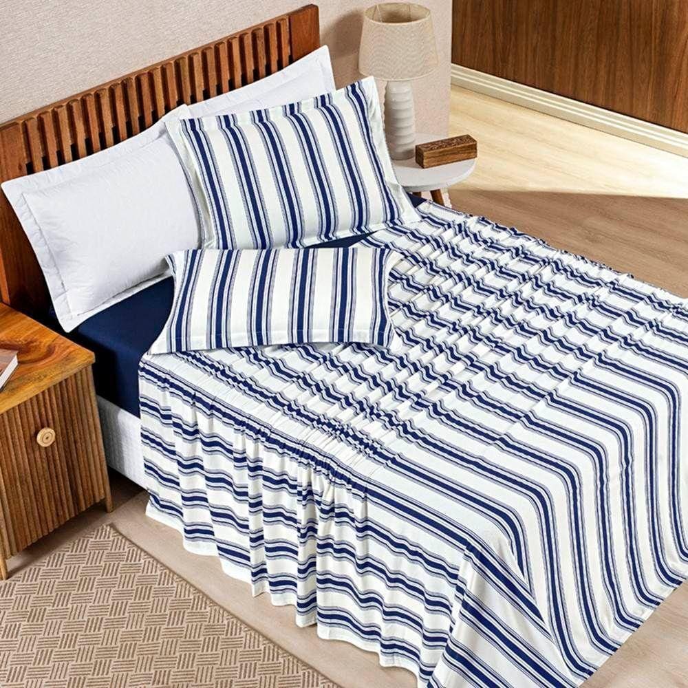 Jogo De Lençol King Marim Malha 100% Algodão Estampado 4 Peças Marinho