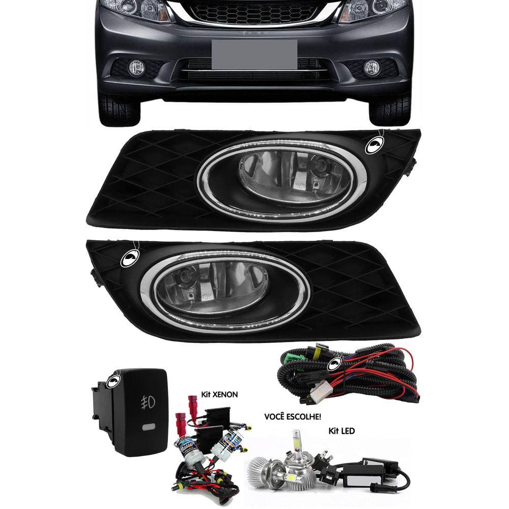 Kit Farol de Milha Neblina New Civic 2012 2013 2014 Botão Painel + Kit Xenon 6000K / 8000K ou Kit Lâmpada Super LED 6000K