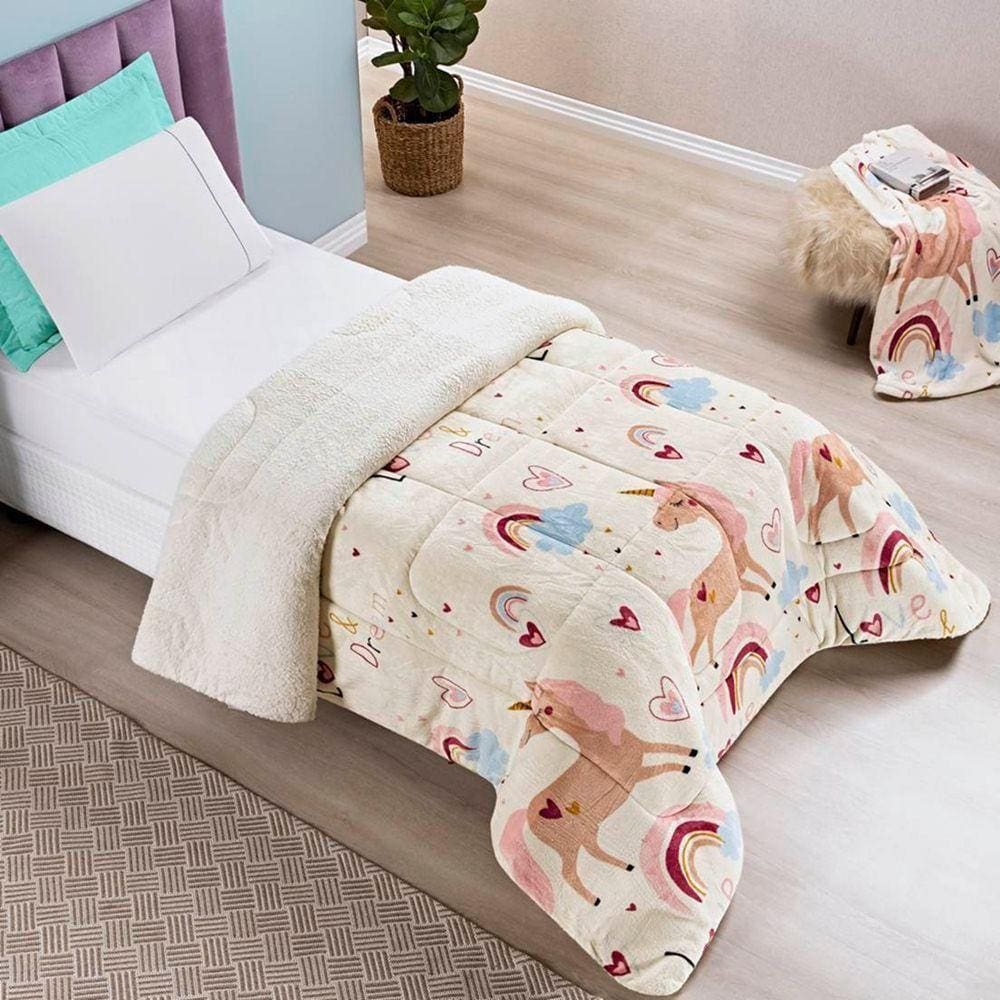 Edredom Solteiro Coberdrom Kids Sherpa-mantinha 1 Peça Unicornio