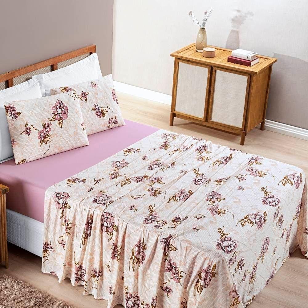 Jogo De Lençol Solteiro Quality Malha 100% Algodão Estampado 3 Peças Rose