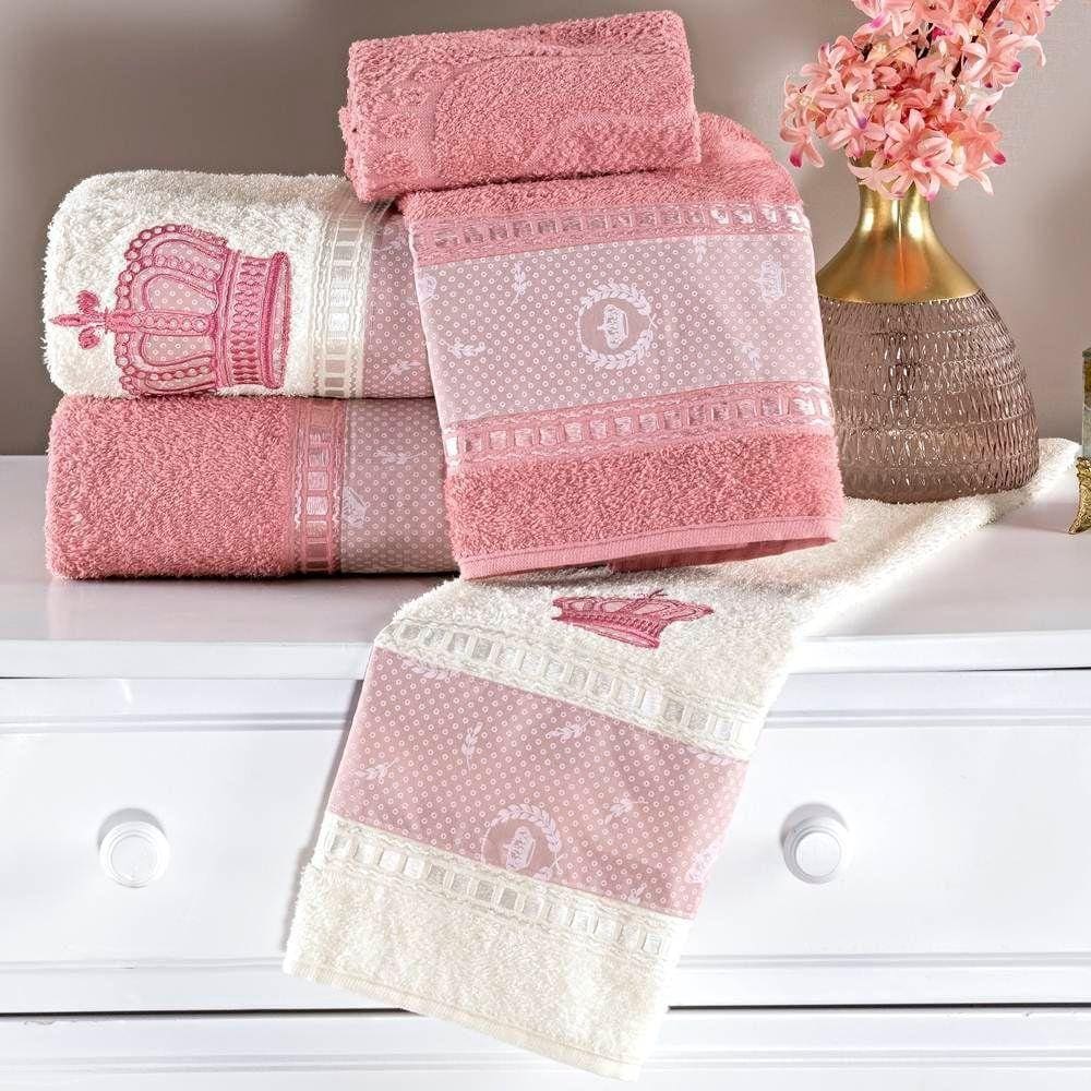 Jogo De Banho Nobre Bordado Algodão 5 Peças Rosa