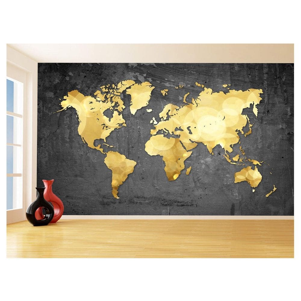 Papel De Parede 3D Mapa Mundi Concreto Dourado 3,5M Nmu53