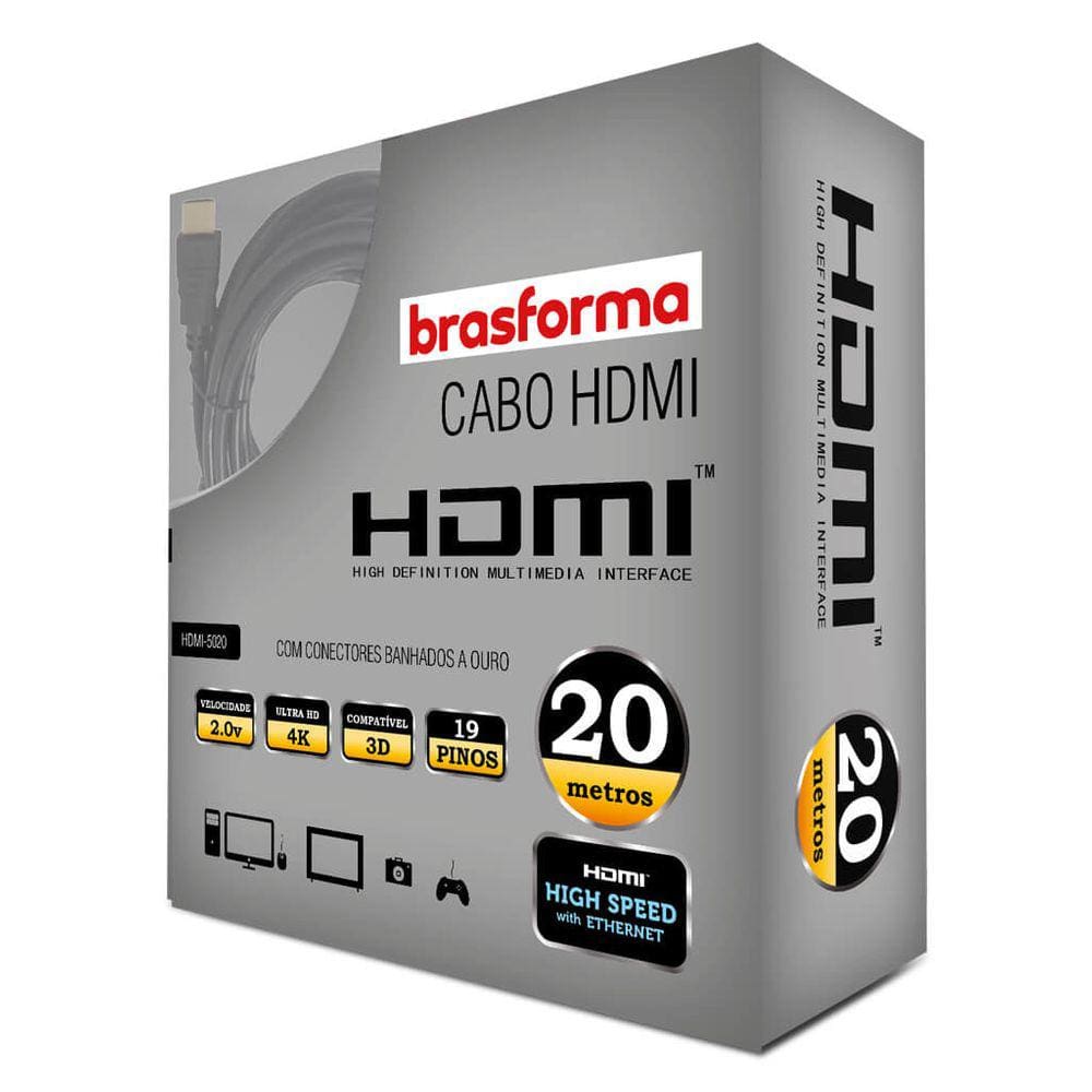 CABO HDMI 20 Metros 2.0 4K 3D 1080P HDMI-5020 Brasforma