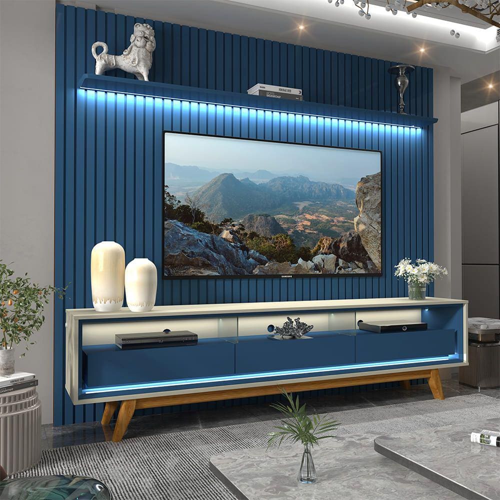 Painel e Rack Ripado com LED Nobre 230 Azul Off White - Gelius