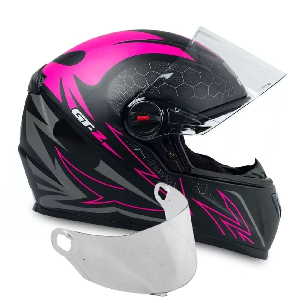 Capacete Fw3 Fechado Gt2 Preto Fosco Rosa Mais Viseira Cristal 2.2mm