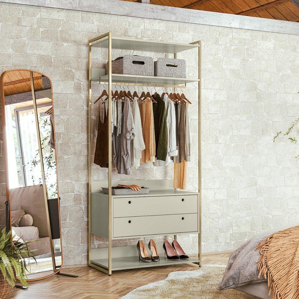 Guarda-Roupa Closet Industrial Olivar com Cabideiro 2 Gavetas 89cm - Off White