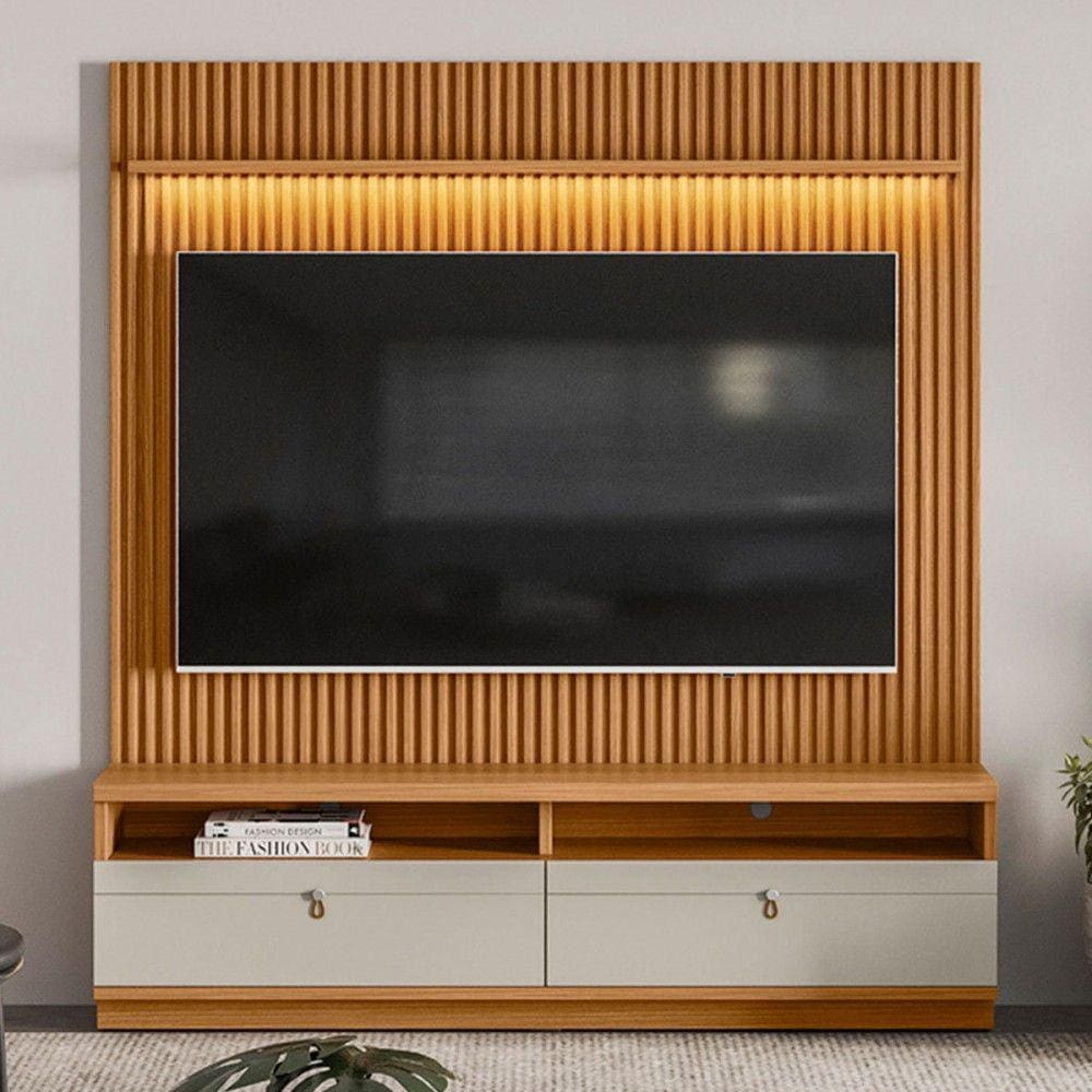 Estante para TV Até 75 Polegadas Ouro Preto 2 Gavetas com Led 180 Cm Nature/Off White - Linea Brasil