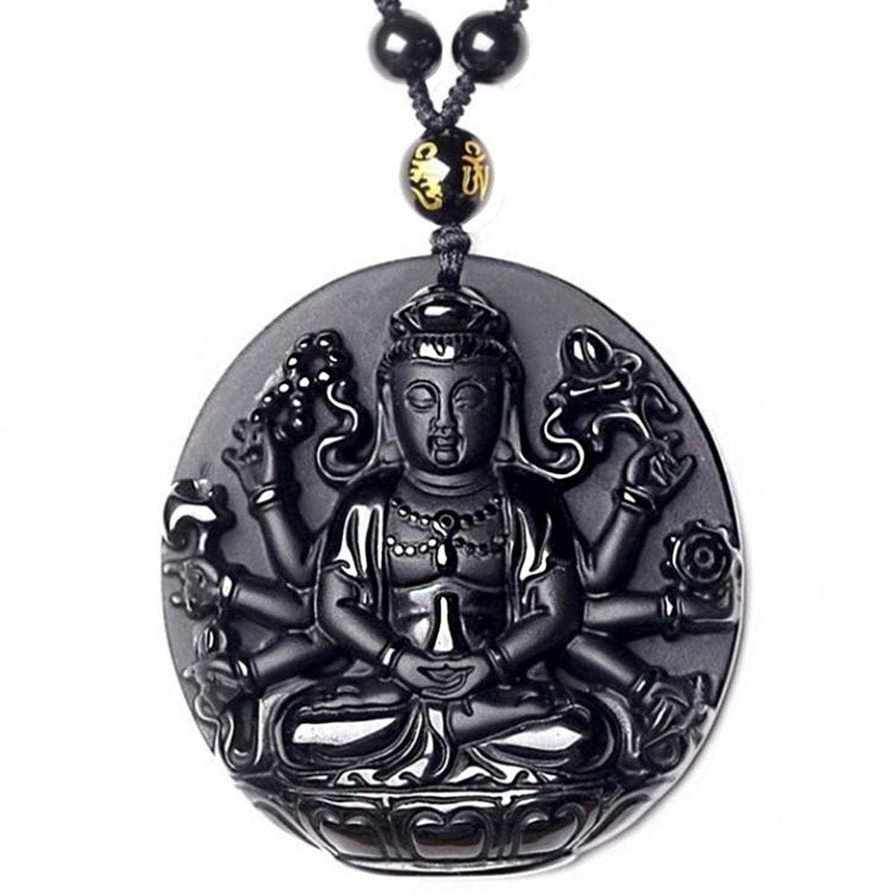 Colar Com Pingente Buda Adorando Amitabha Relevo Preto 30cm