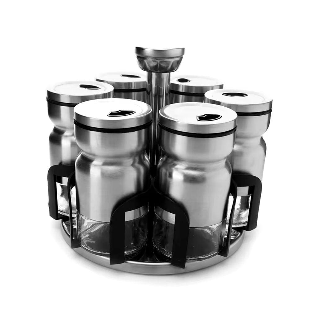 Porta Condimentos Tempero Inox Design Giratório Com 6 Peças
