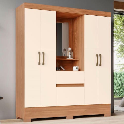imagem-Guarda-Roupa Solteiro 4 Portas 2 Gavetas Nature/Off White Bs07 - Briz - Bege